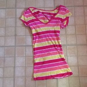 Pink peach and yellow striped v neck top